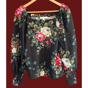 Loft Black Floral Rose Print Peasant Blouse Long Sleeve Smocked Cuff Top Medium